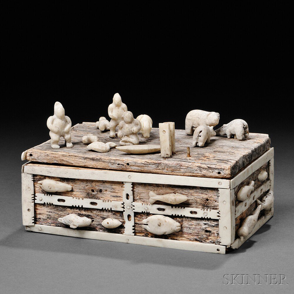 Appraisal: East Greenland Miniature Wood Chest with Bone Attachments c early