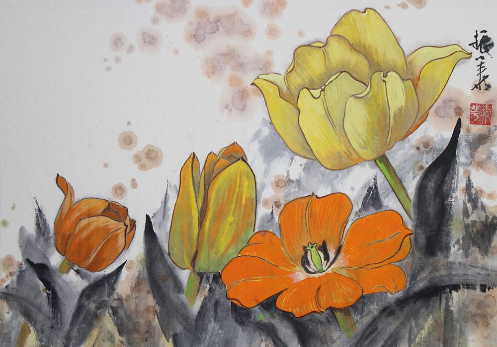 Appraisal: Zhenhua Wang th C Yellow and Orange Tulips Zhenhua Wang