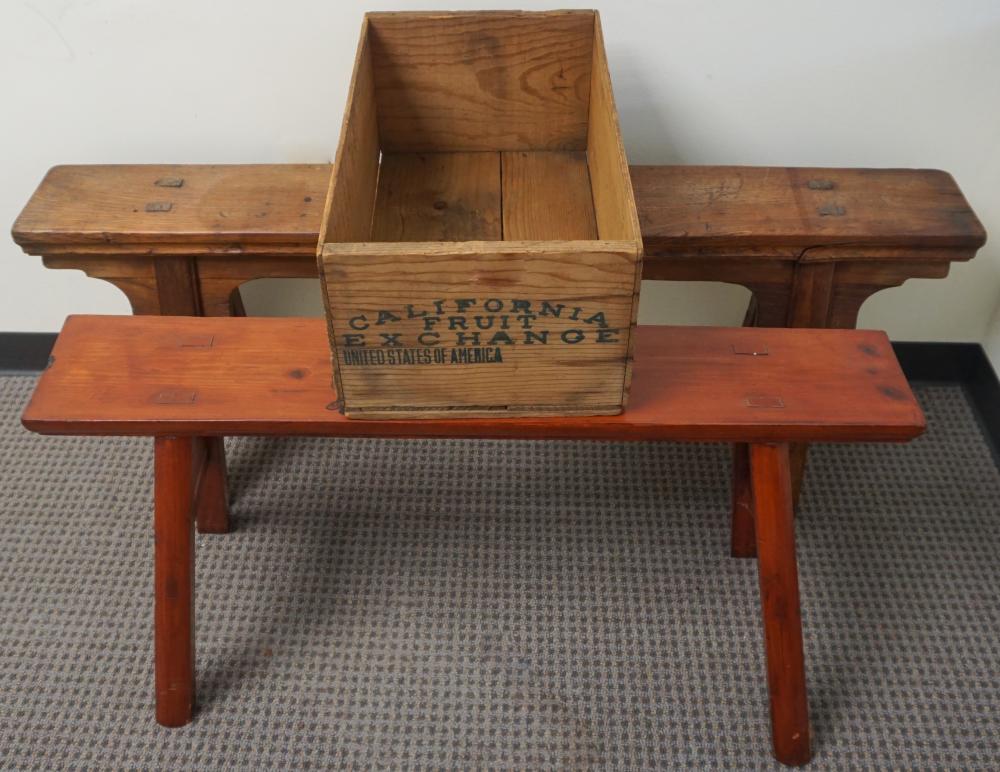 Appraisal: TWO WOODEN WORK BENCHES AND ONE PINE BOXTwo Wooden Work