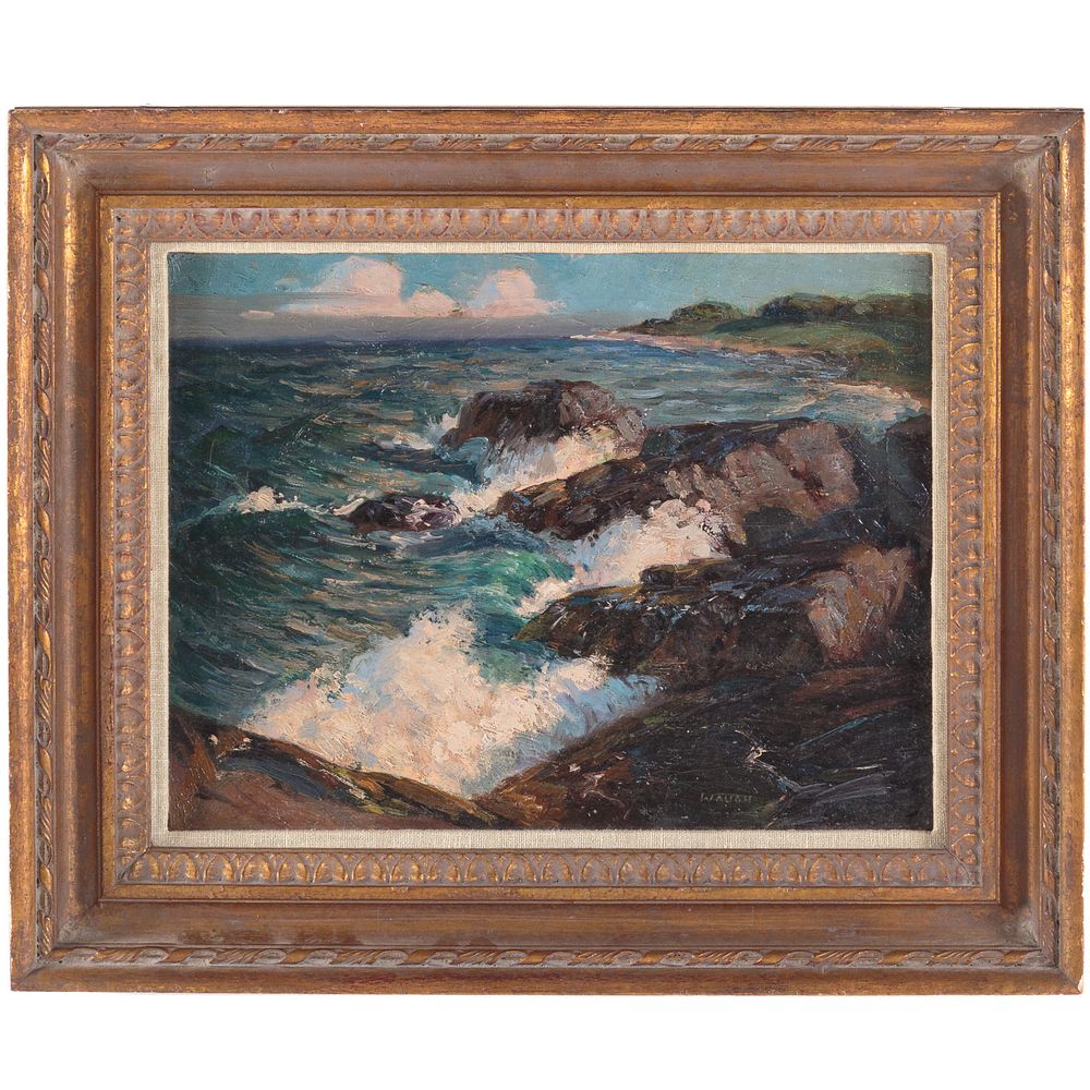 Appraisal: American School Waves Crashing On Rocks Oil on canvas signed