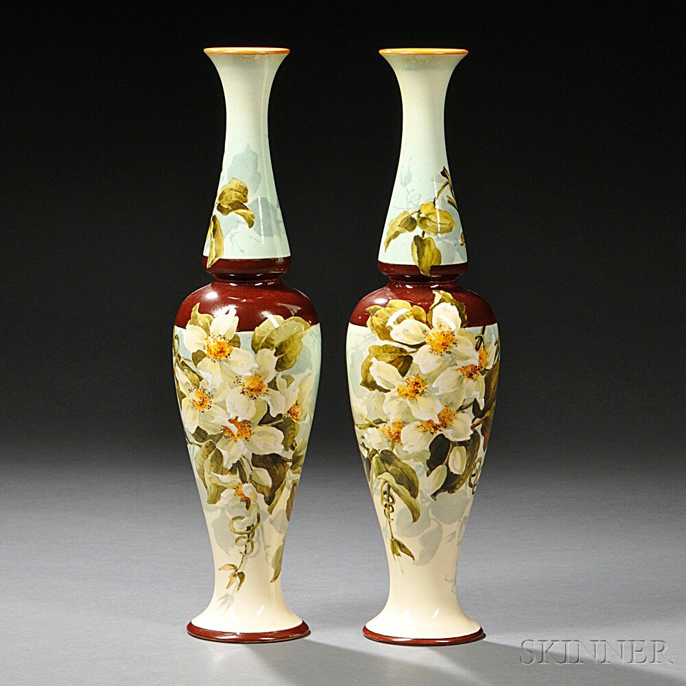 Appraisal: Pair of Doulton Lambeth Faience Vases England c decorated by