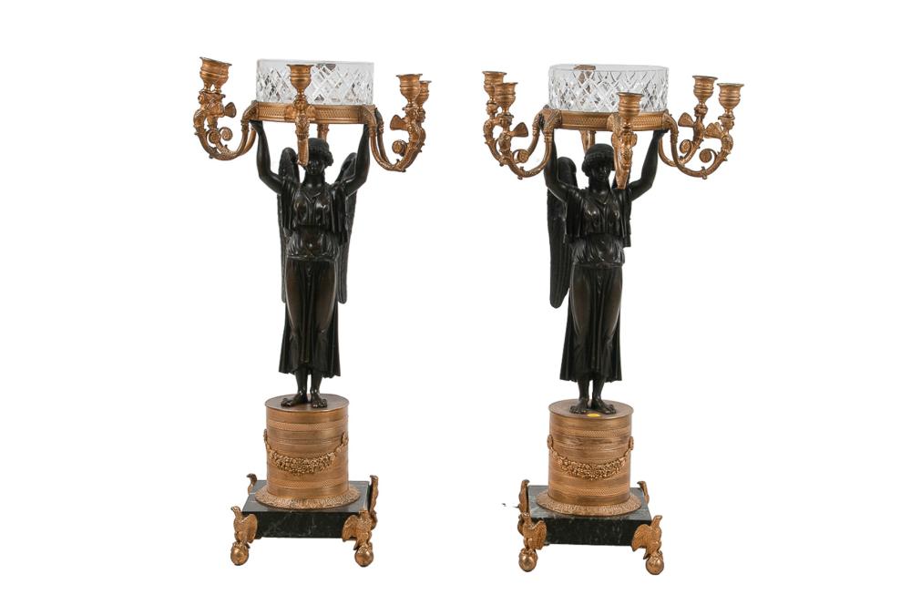 Appraisal: PAIR OF FRENCH GILT-BRONZE BRONZE FIGURAL CANDELABRAin the French Empire