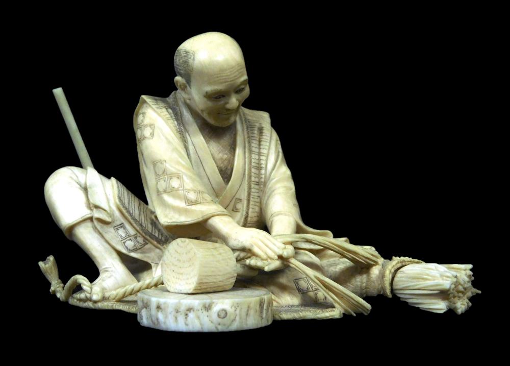 Appraisal: ASIAN Finely carved ivory figure of a man making rope