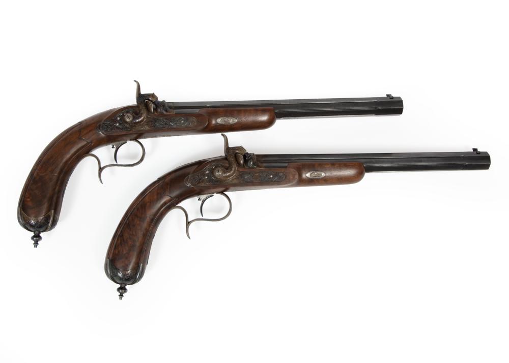 Appraisal: Cased Pair of Belgian Percussion Dueling Pistols th c Belgian