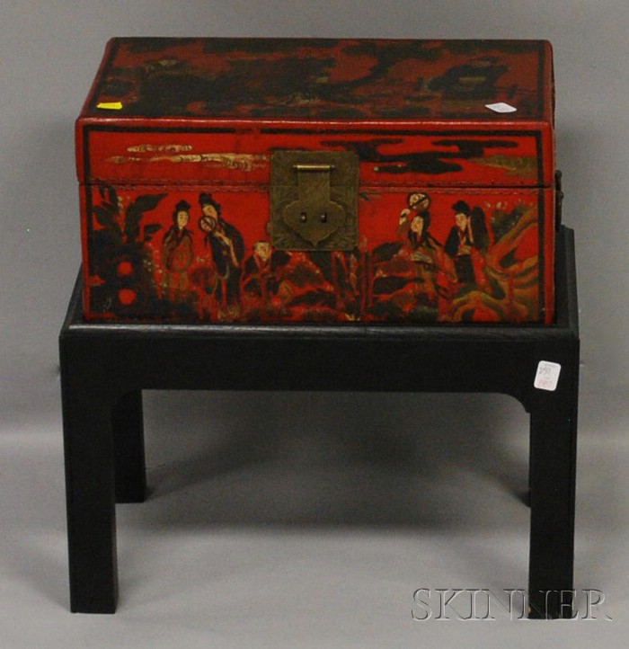 Appraisal: Asian Export Scenic Decorated Red-painted Pigskin-clad Box on Stand box