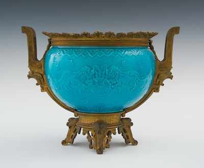 Appraisal: A Turquoise Glazed Pottery Ormolu Mounted Jardiniere Measuring apprx -