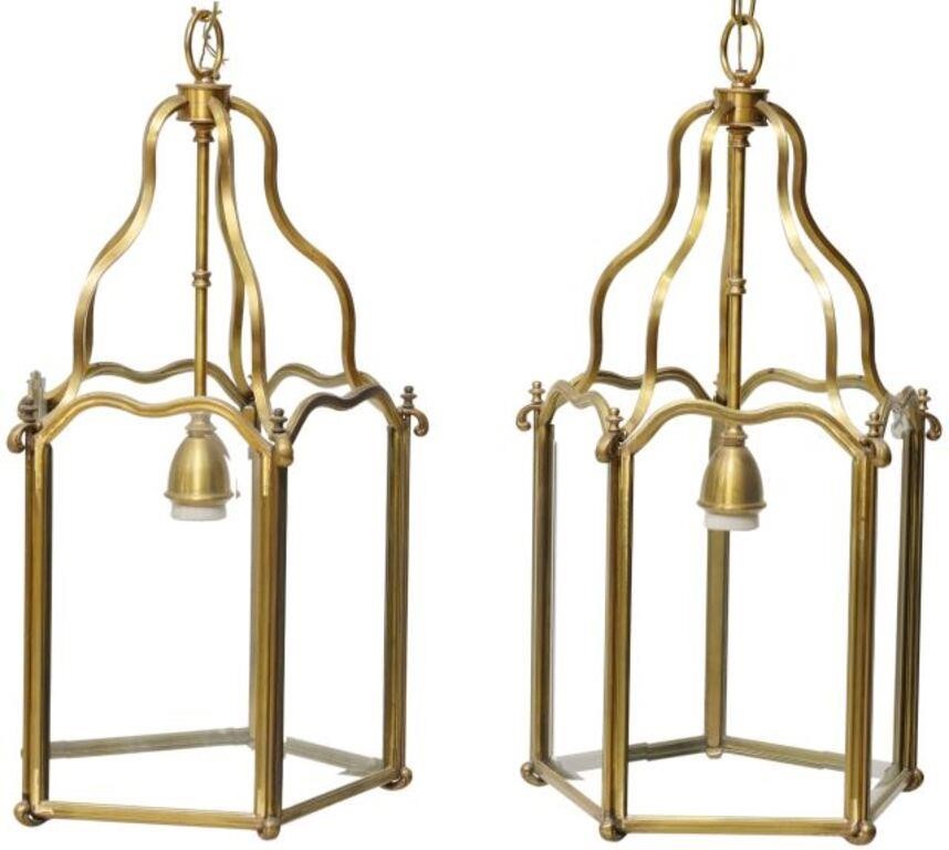 Appraisal: pair Italian brass and glass hanging lanterns th c single