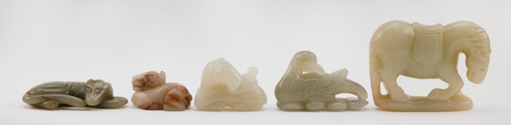 Appraisal: FIVE CHINESE CELADON JADE ANIMAL CARVINGSFIVE CHINESE CELADON JADE ANIMAL