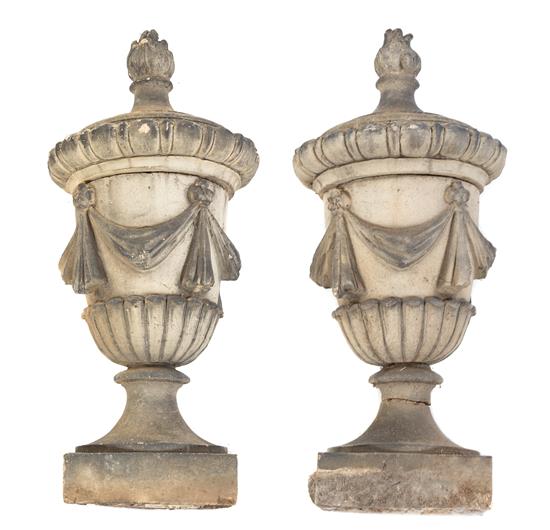 Appraisal: Sale Lot A Pair of Stone Garden Urns each surmounted