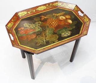 Appraisal: Regency tole decorated tray on stand Regency tole decorated tray