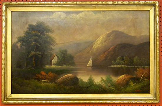 Appraisal: M Silver Late th C oil on canvas landscape sailboat