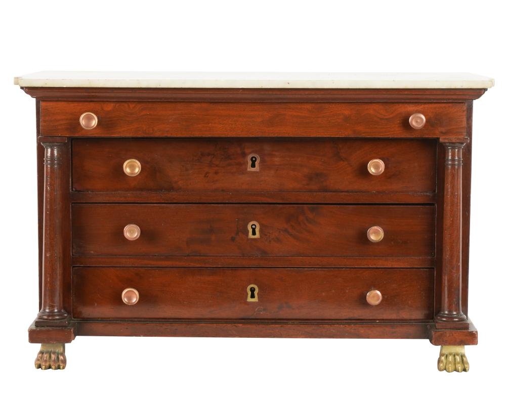 Appraisal: DIMINUTIVE FRENCH EMPIRE-STYLE COMMODEwith marble top and copper handles on