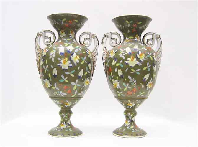 Appraisal: PAIR HAND ENAMELED PORCELAIN VASES double handled having colorful floral