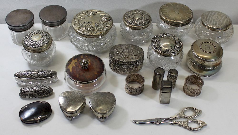 Appraisal: SILVER Assorted Silver Mounted Vanity Jars and Accessories Includes a