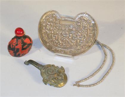 Appraisal: Chinese silver pendant and gilt bronze garment hook late qing