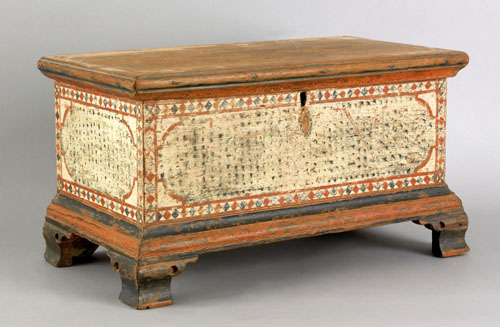 Appraisal: Pennsylvania painted pine miniature dower chest ca decorated with ivory