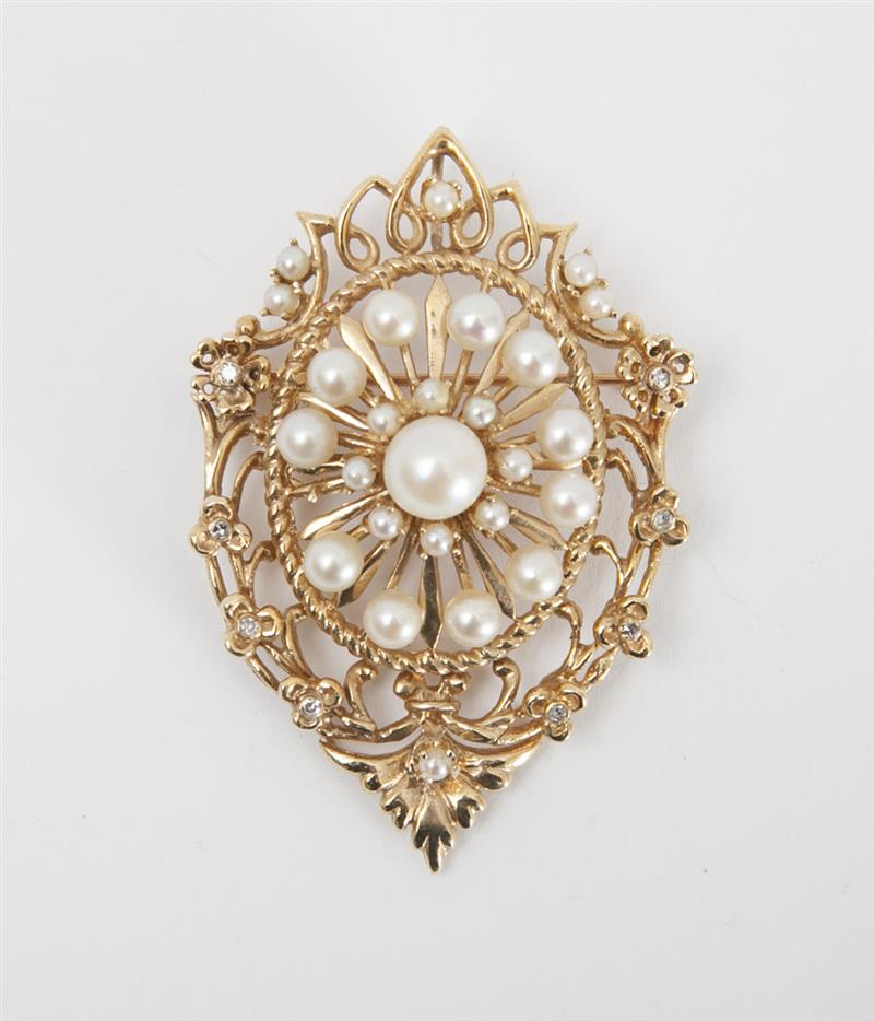 Appraisal: K GOLD CULTURED PEARL AND DIAMOND PENDANT PIN Tiny single-cut