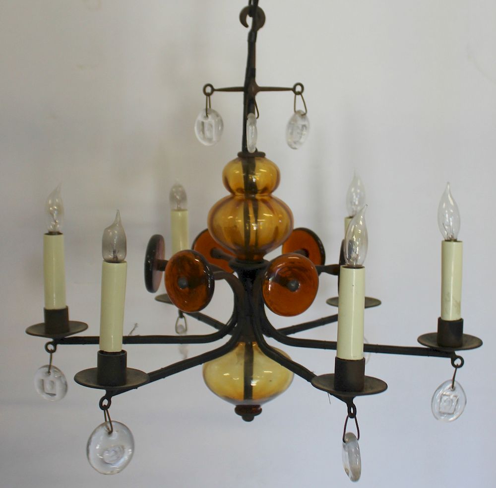 Appraisal: MIDCENTURY Erik Hoglund Metal And Kosta Boda Glass chandelier From