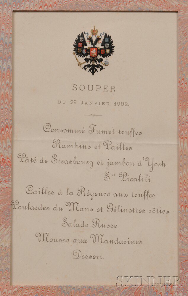 Appraisal: Framed Imperial Russian Dinner Menu January with embossed double-headed eagle