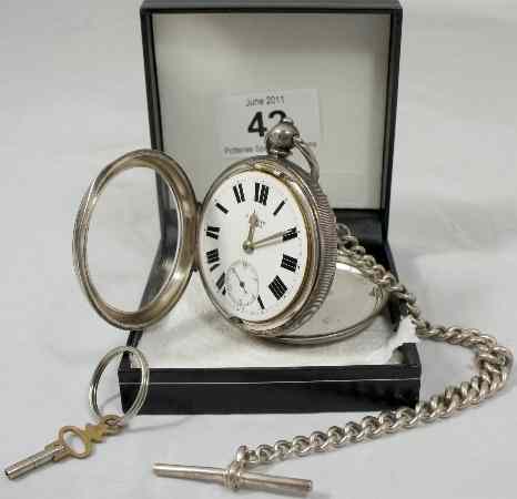 Appraisal: Silver Pocket Watch and Chain Watchmaker H Sloane Leeds