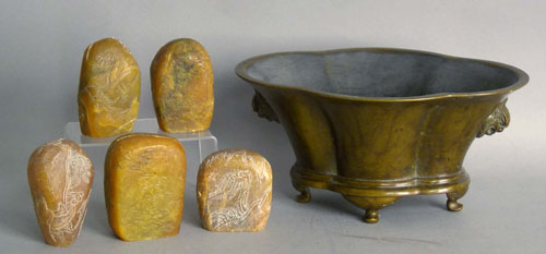 Appraisal: Five pcs of carved soapstone together with a bronze incense