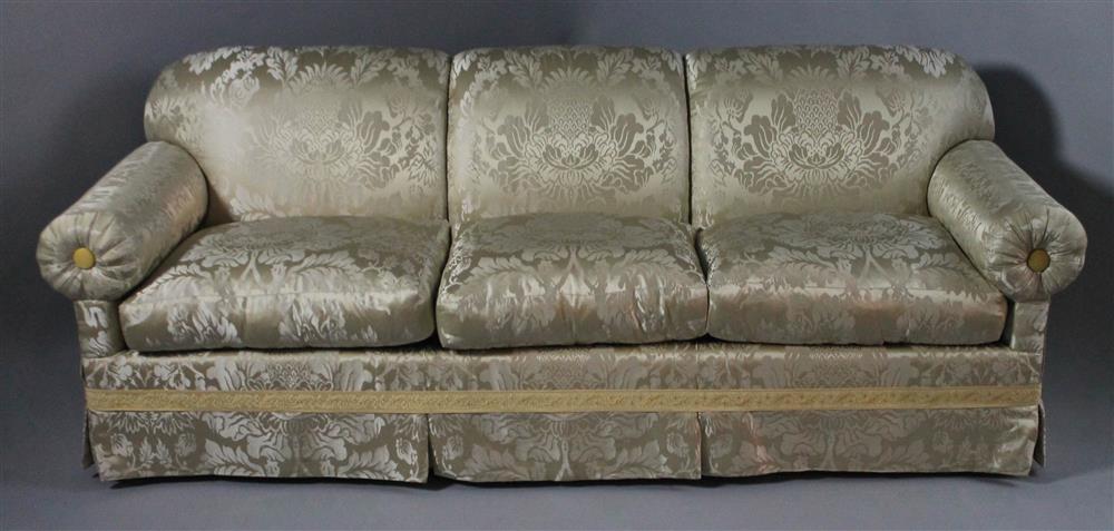 Appraisal: DAMASK SILK CONTEMPORARY THREE SEATER SOFA WITH SPRING DOWN CUSHIONS