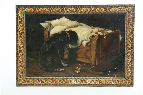 Appraisal: OIL ON CANVAS Mourning scene of a dog at master's