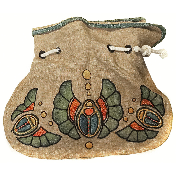 Appraisal: Arts Crafts purse dyed and embroidered Egyptian motif with scarabs