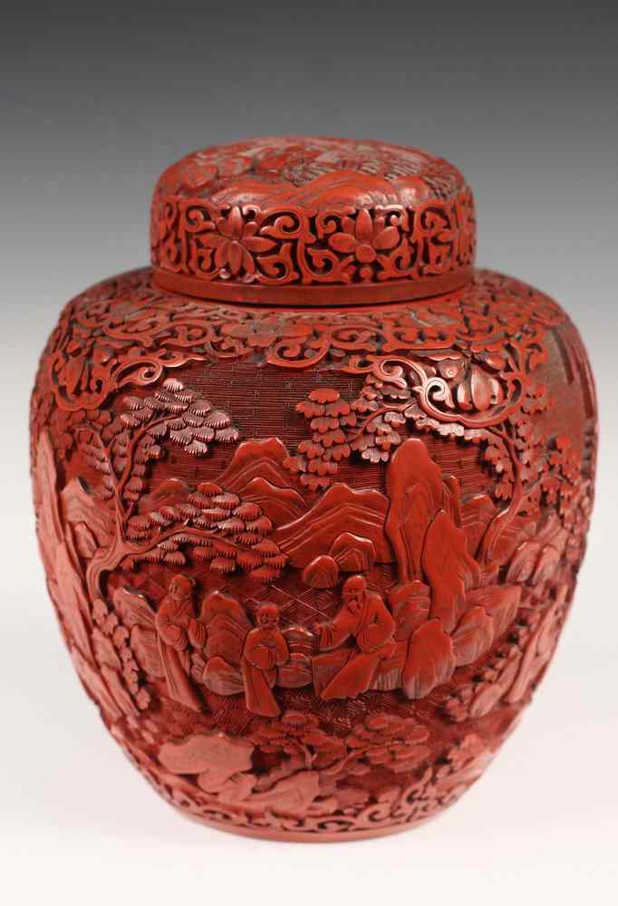 Appraisal: CINNABAR JAR - Chinese Covered Cinnabar Ginger Jar circa with