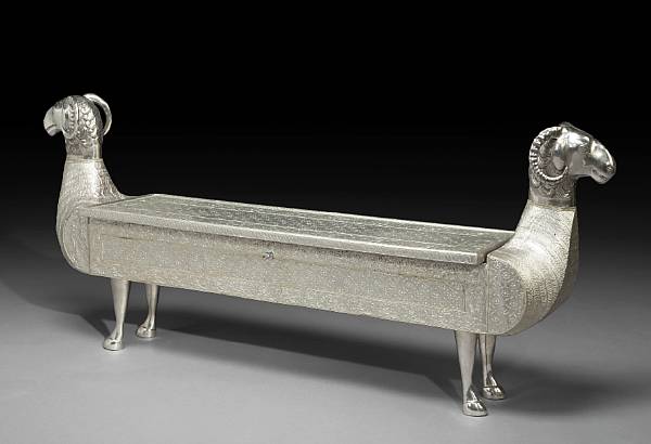 Appraisal: A Mid-Eastern style silvered metal bench The rectangular seat with