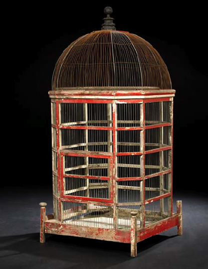 Appraisal: Indian Polychromed and Wire Birdcage late th century of square