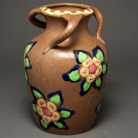 Appraisal: Carl Gebauer German art pottery three-handled vase circa Arts and