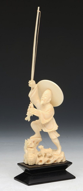 Appraisal: A CHINESE CARVED IVORY FIGURE of a fisherman with rod