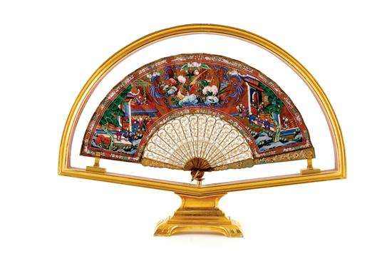 Appraisal: Chinese filigree and painted fan circa floral-applied pierce-work guard concealing