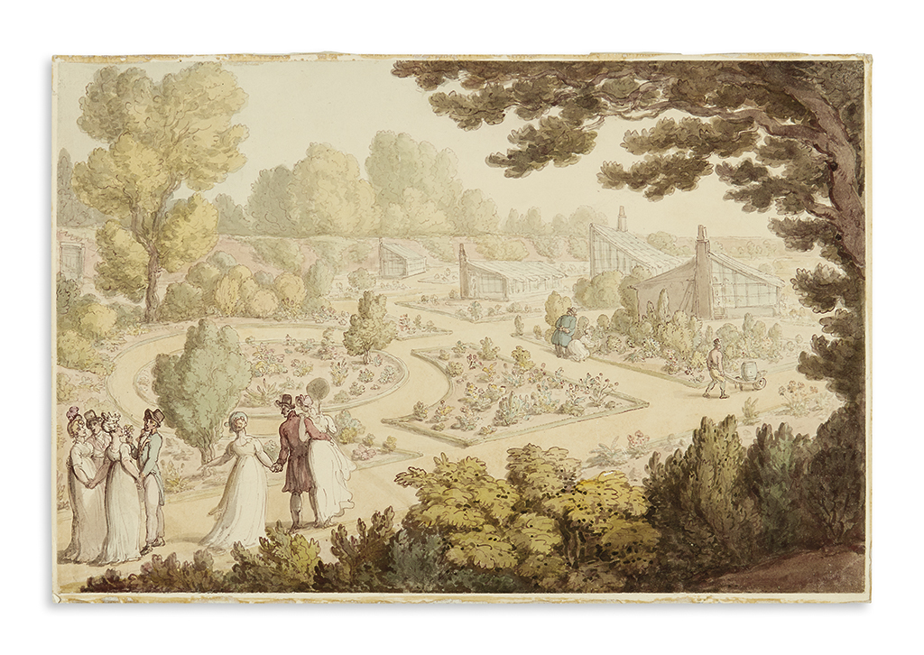 Appraisal: ROWLANDSON THOMAS attributed to English garden scene Watercolor and pen-and-ink