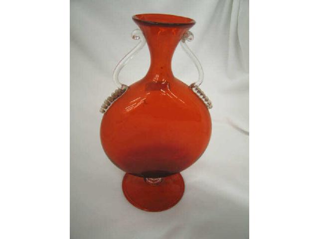 Appraisal: Venetian Art Glass Vase Pilgrim style vivid orange-red clear handles