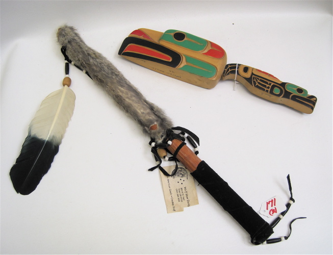 Appraisal: NATIVE AMERICAN RAVEN RATTLE and TALKING STICK The former having