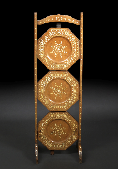 Appraisal: Indian Elaborately Bone-Inlaid Shesham Wood Three-Tiered Folding Dessert Stand first