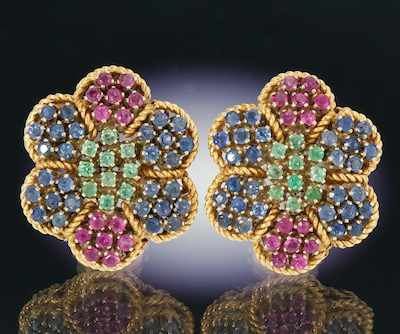 Appraisal: A Pair of Italian k Gold and Gemstone Ear Clips