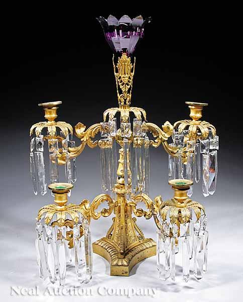 Appraisal: An American Gilt Brass and Amethyst Glass Prism-Hung Four-Light Girandole