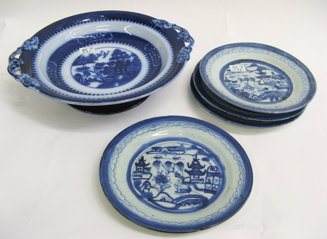 Appraisal: BLUE WHITE GLAZED POTTERY TABLE ITEMS decorated in Oriental motifs