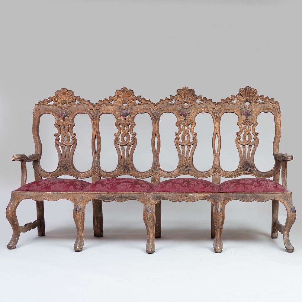 Appraisal: Spanish Colonial Polychrome Painted and Parcel-Gilt Settee Possibly Portuguese Upholstered