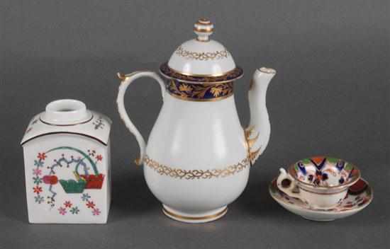 Appraisal: Meissen porcelain miniature tea caddy Staffordshire porcelain miniature coffeepot and