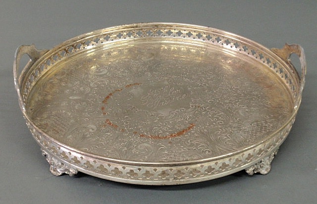 Appraisal: Round silverplate tray with a pierced border and handles inscribed