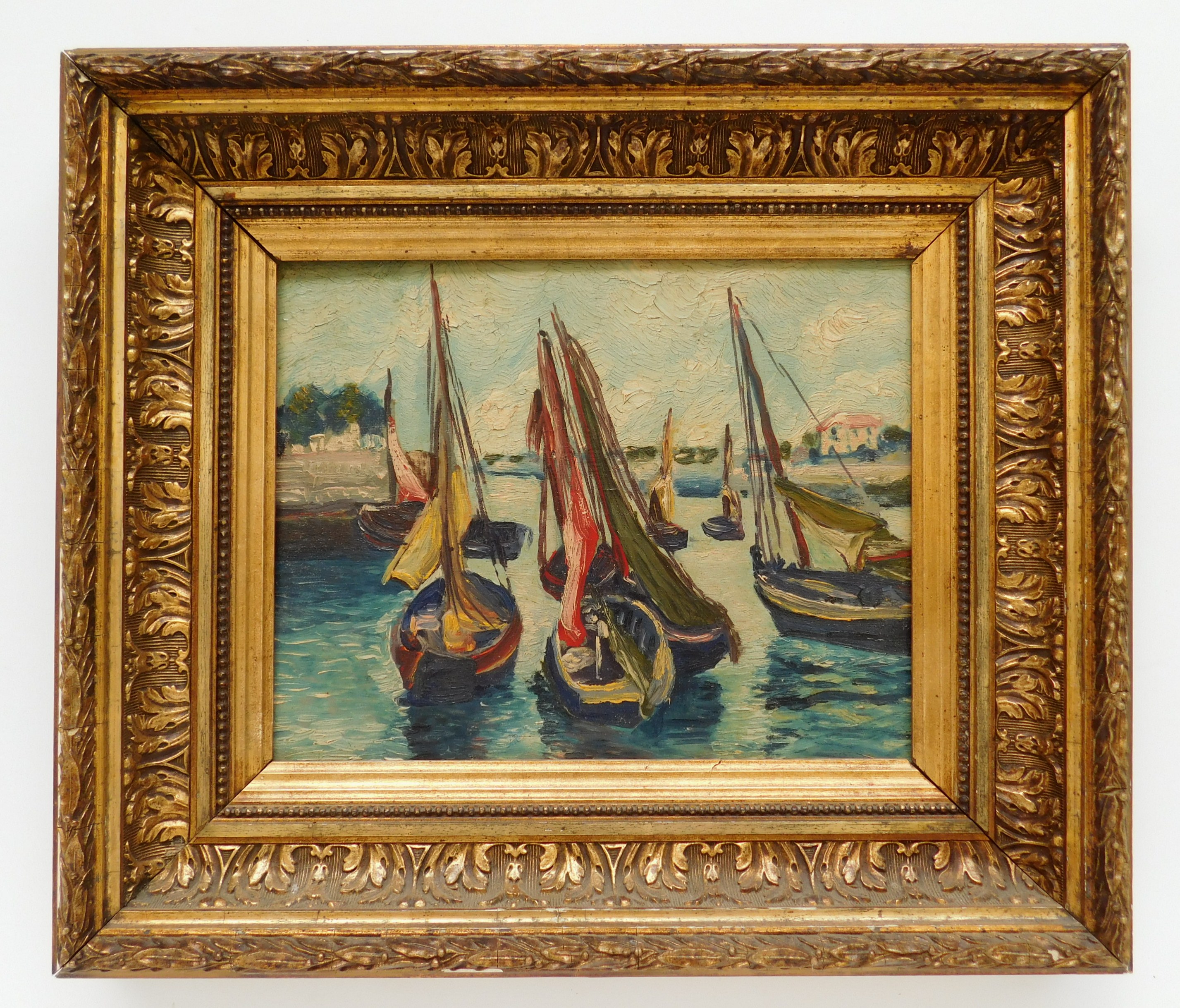 Appraisal: th c American School Fishing Boats in the Harbor- oil