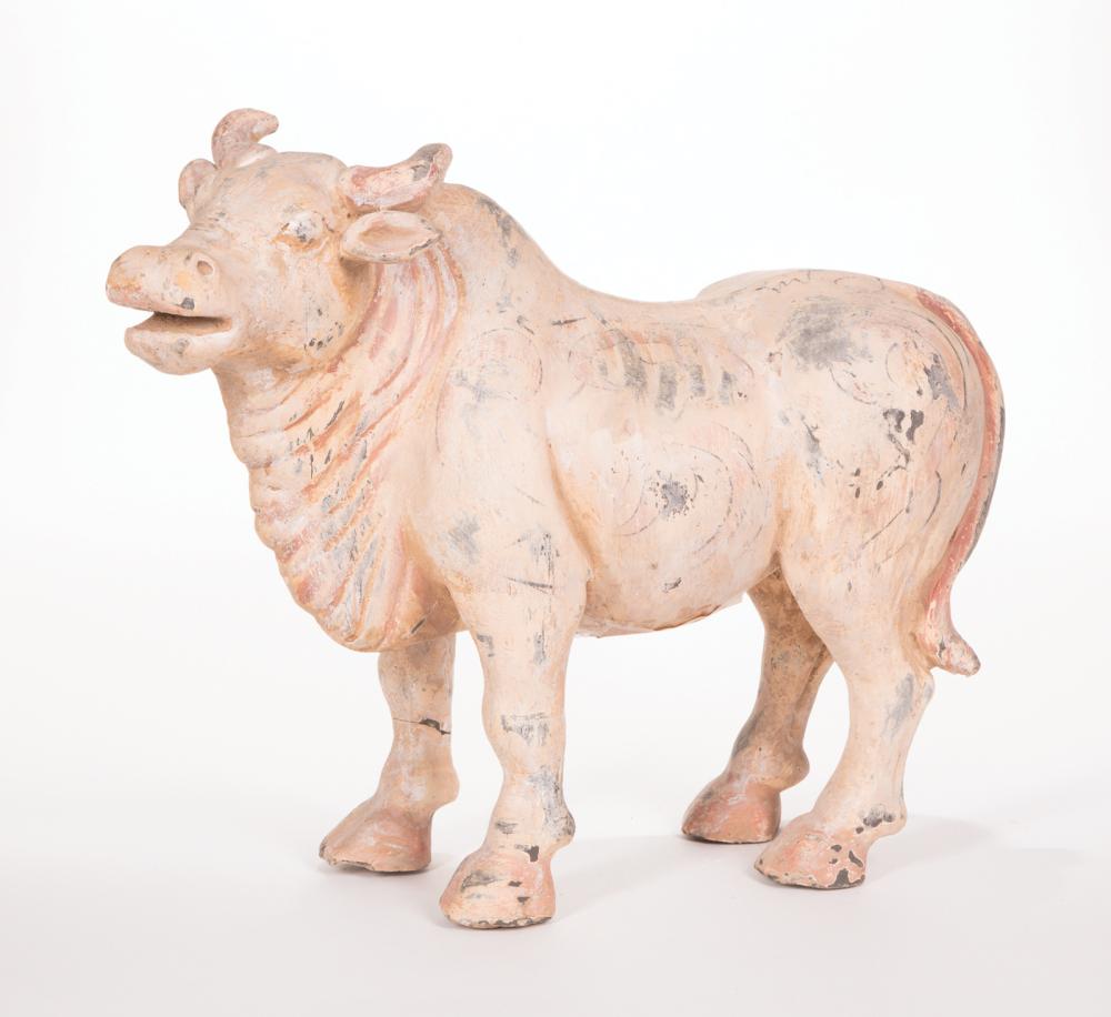 Appraisal: Chinese Tang-Style Painted Pottery Bull modeled standing foursquare with raised