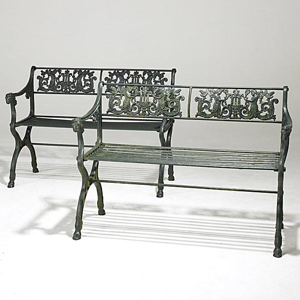 Appraisal: GARDEN FURNITUREPair of cast iron benches ram s head armrests