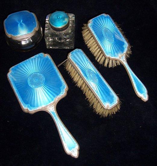 Appraisal: A dressing table set of six pieces with silver mounted