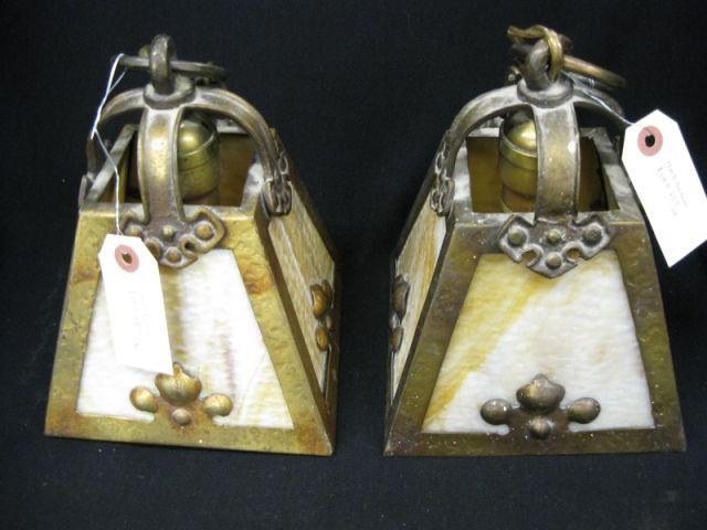 Appraisal: Pair of Arts Crafts Hanging Lights carmel slag glass bronzed