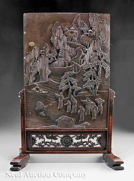 Appraisal: A Chinese Duan Stone Table Screen th c carved to